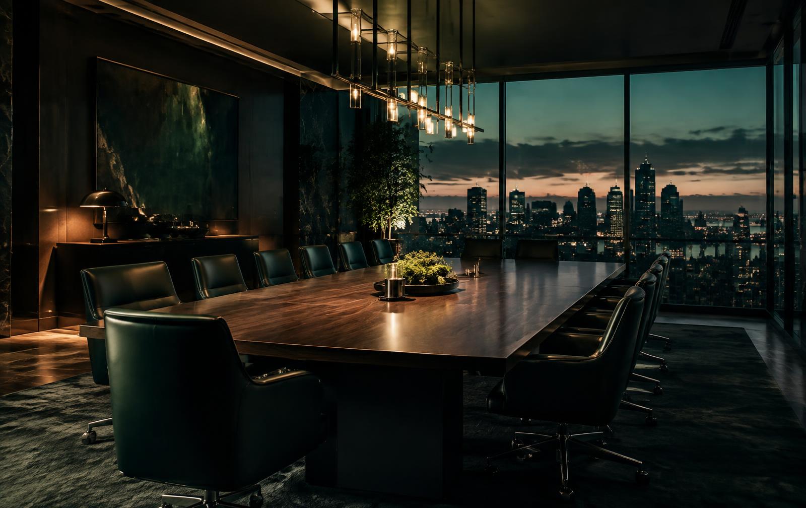 Empty executive boardroom at dusk overlooking a city skyline